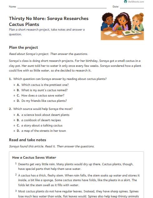 Thirsty No More: Soraya Researches Cactus Plants worksheet preview