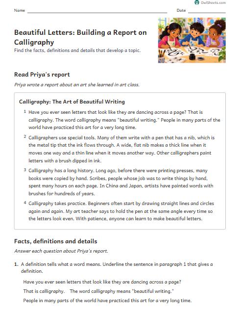 Beautiful Letters: Building a Report on Calligraphy worksheet preview