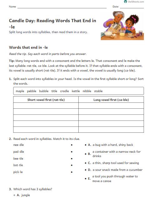Candle Day: Reading Words That End in -le worksheet preview