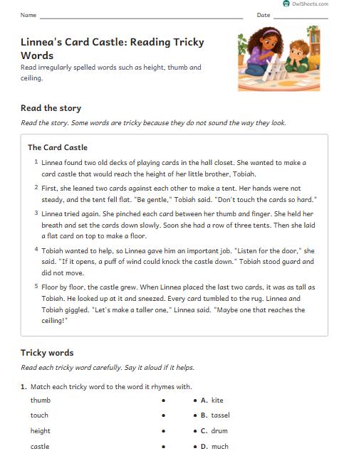 Linnea's Card Castle: Reading Tricky Words worksheet preview