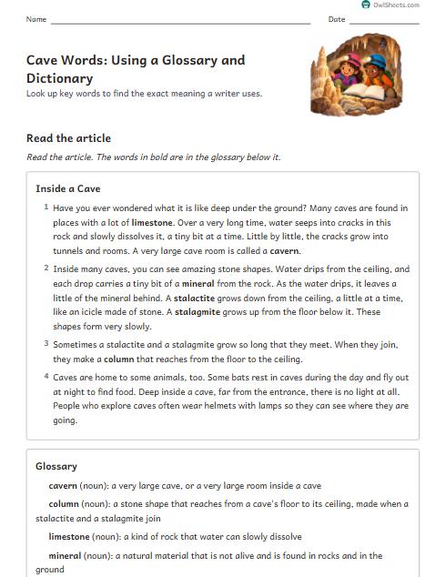 Cave Words: Using a Glossary and Dictionary worksheet preview