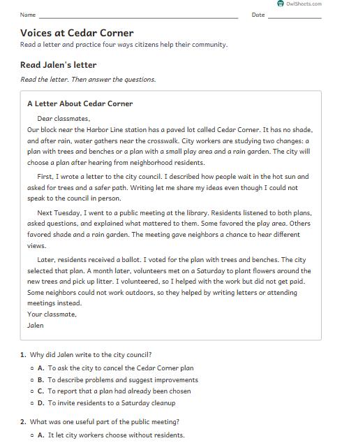 Voices at Cedar Corner worksheet preview