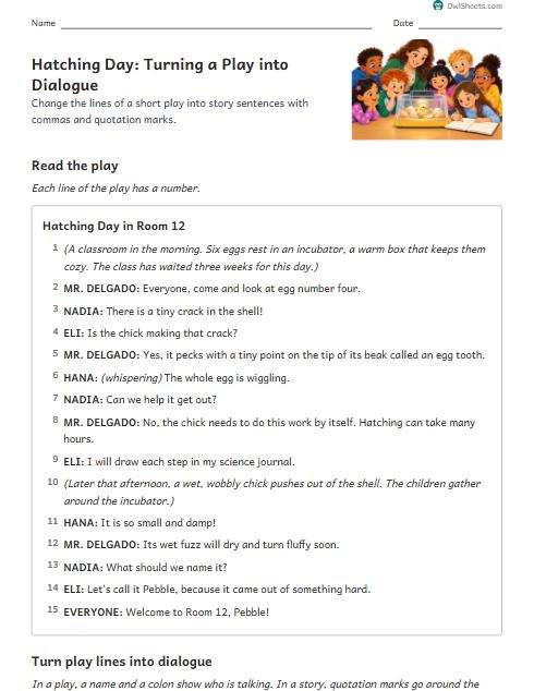Hatching Day: Turning a Play into Dialogue worksheet preview