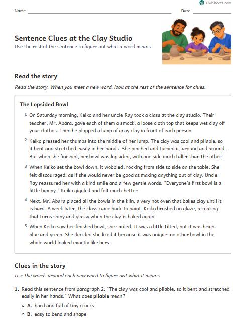 Sentence Clues at the Clay Studio worksheet preview
