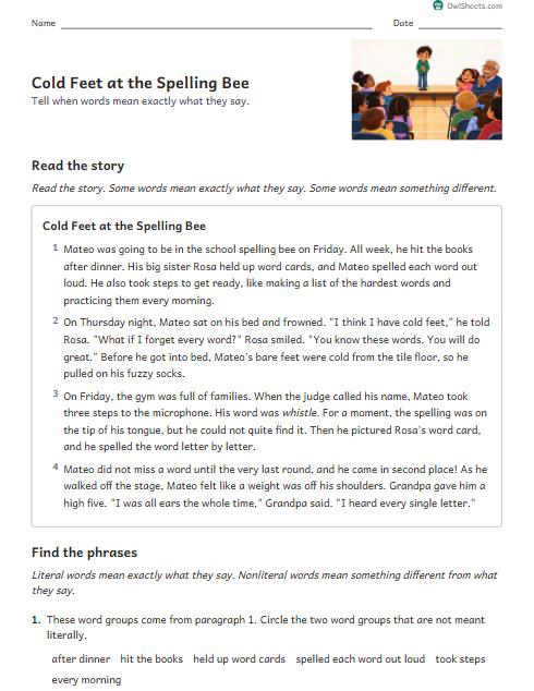 Cold Feet at the Spelling Bee worksheet preview