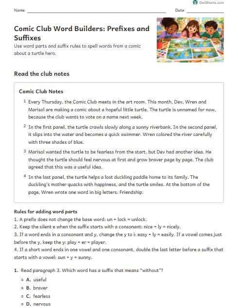 Comic Club Word Builders: Prefixes and Suffixes worksheet preview