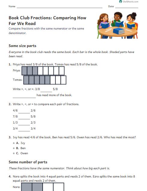 Book Club Fractions: Comparing How Far We Read worksheet preview