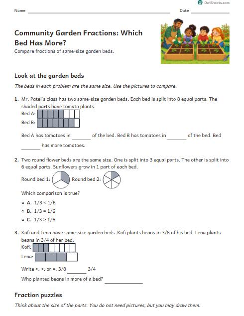 Community Garden Fractions: Which Bed Has More? worksheet preview