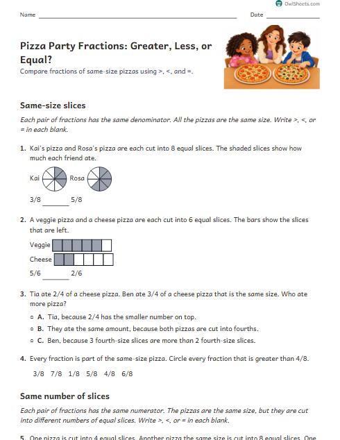 Pizza Party Fractions: Greater, Less, or Equal? worksheet preview