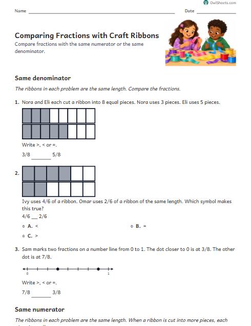 Comparing Fractions with Craft Ribbons worksheet preview
