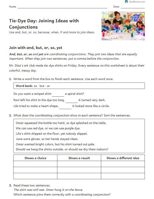 Tie-Dye Day: Joining Ideas with Conjunctions worksheet preview
