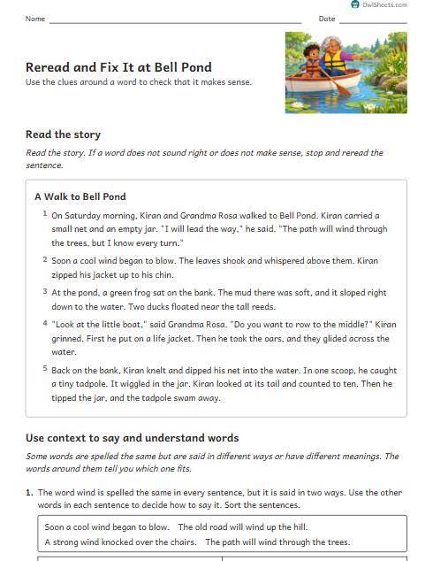 Reread and Fix It at Bell Pond worksheet preview