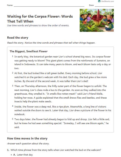 Waiting for the Corpse Flower: Words That Tell When worksheet preview
