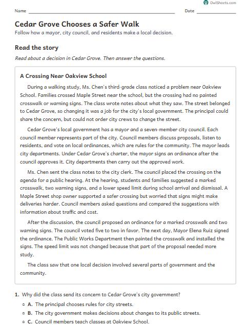 Cedar Grove Chooses a Safer Walk worksheet preview