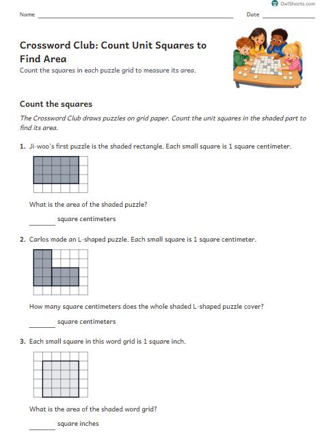 Crossword Club: Count Unit Squares to Find Area worksheet preview