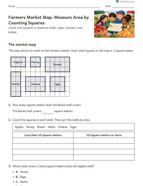 Farmers Market Map: Measure Area by Counting Squares worksheet preview