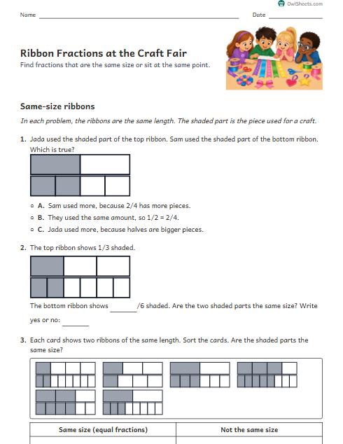 Ribbon Fractions at the Craft Fair worksheet preview