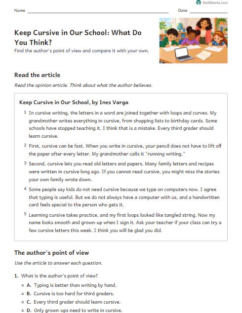 Keep Cursive in Our School: What Do You Think? worksheet preview