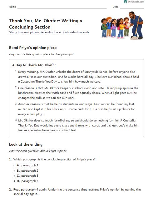 Thank You, Mr. Okafor: Writing a Concluding Section worksheet preview