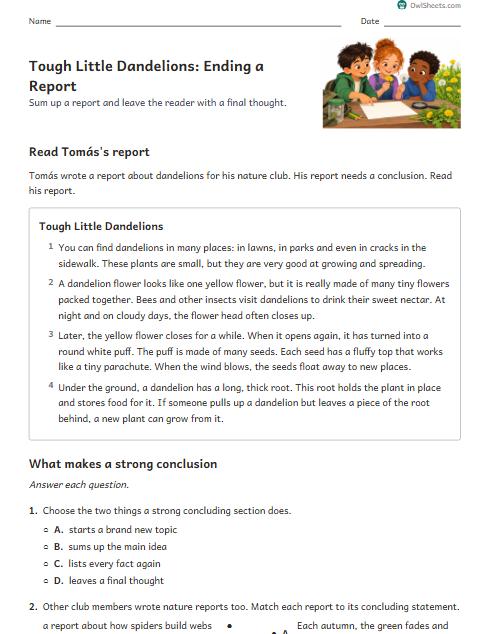 Tough Little Dandelions: Ending a Report worksheet preview