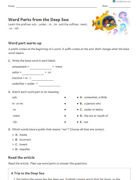 Word Parts from the Deep Sea worksheet preview
