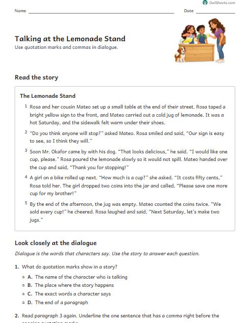 Talking at the Lemonade Stand worksheet preview