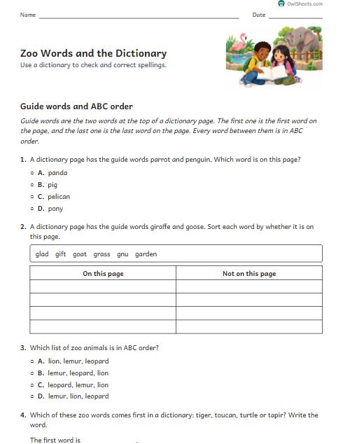 Zoo Words and the Dictionary worksheet preview