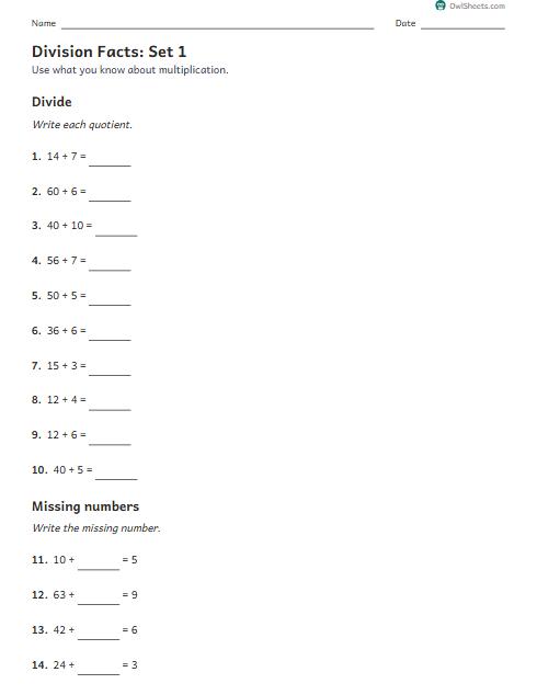 Division Facts: Set 1 worksheet preview