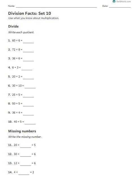 Division Facts: Set 10 worksheet preview