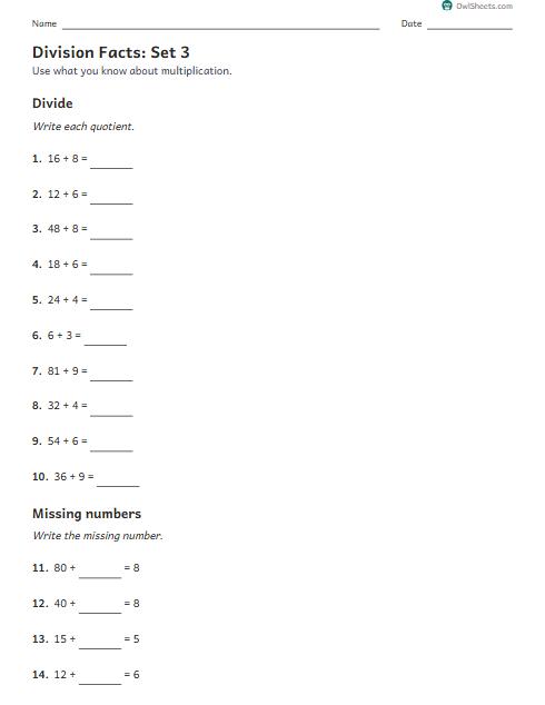 Division Facts: Set 3 worksheet preview