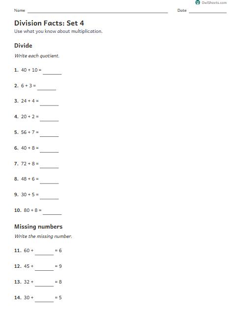 Division Facts: Set 4 worksheet preview