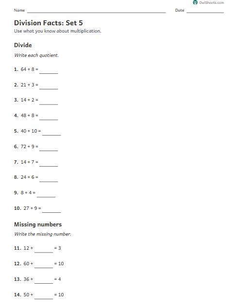 Division Facts: Set 5 worksheet preview