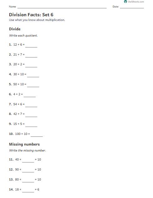 Division Facts: Set 6 worksheet preview