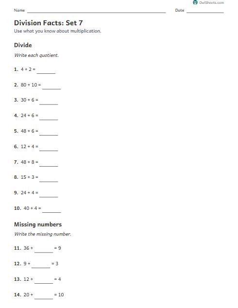 Division Facts: Set 7 worksheet preview