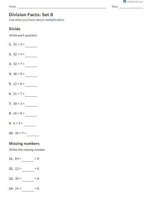Division Facts: Set 8 worksheet preview