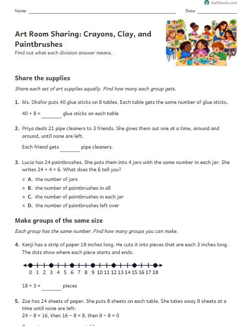 Art Room Sharing: Crayons, Clay, and Paintbrushes worksheet preview