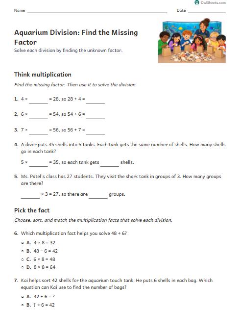 Aquarium Division: Find the Missing Factor worksheet preview