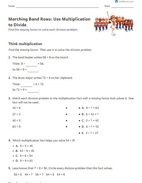 Marching Band Rows: Use Multiplication to Divide worksheet preview