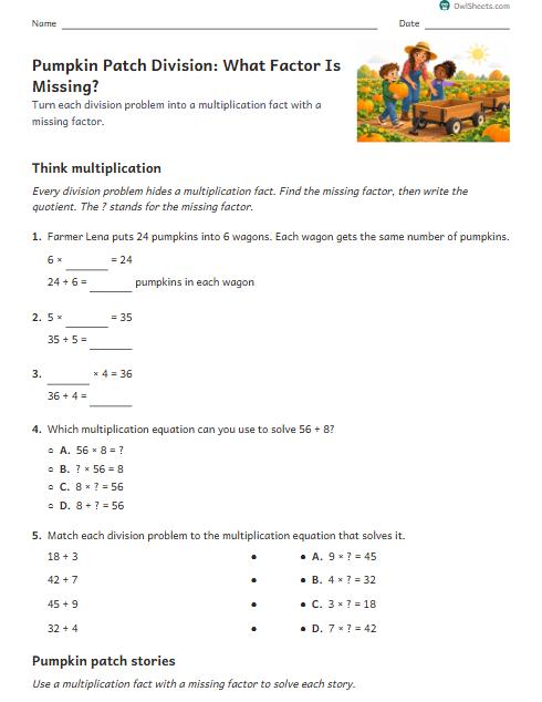 Pumpkin Patch Division: What Factor Is Missing? worksheet preview