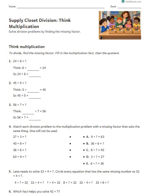 Supply Closet Division: Think Multiplication worksheet preview