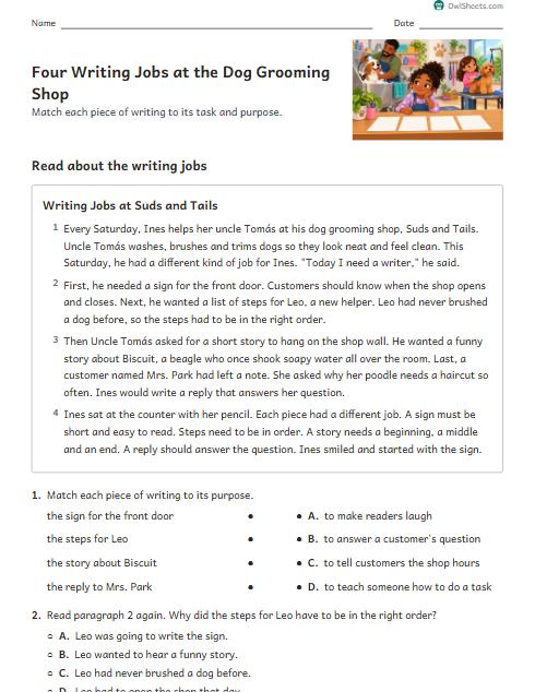 Four Writing Jobs at the Dog Grooming Shop worksheet preview