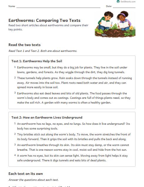Earthworms: Comparing Two Texts worksheet preview