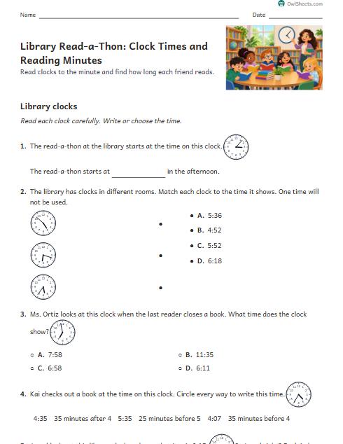 Library Read-a-Thon: Clock Times and Reading Minutes worksheet preview