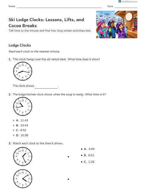 Ski Lodge Clocks: Lessons, Lifts, and Cocoa Breaks worksheet preview