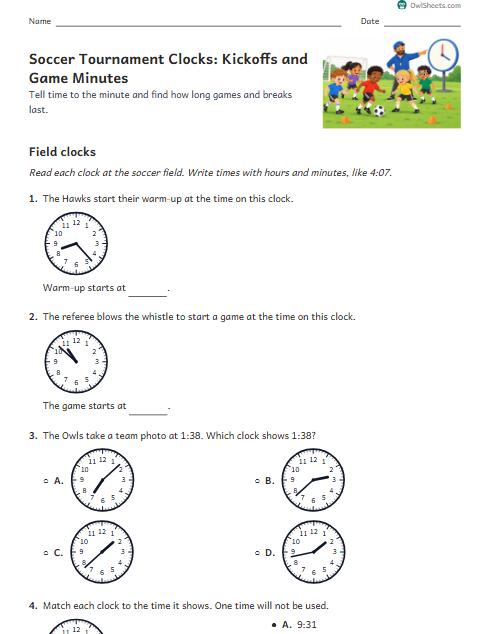 Soccer Tournament Clocks: Kickoffs and Game Minutes worksheet preview