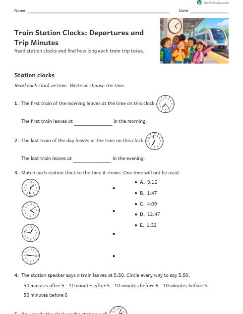 Train Station Clocks: Departures and Trip Minutes worksheet preview