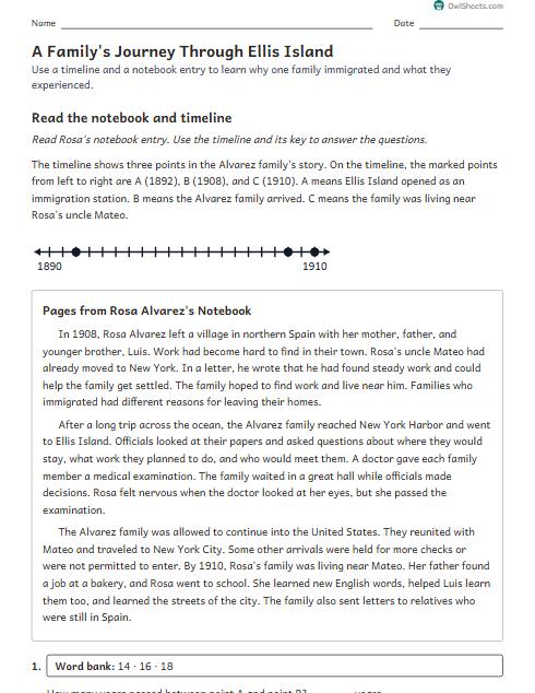 A Family's Journey Through Ellis Island worksheet preview