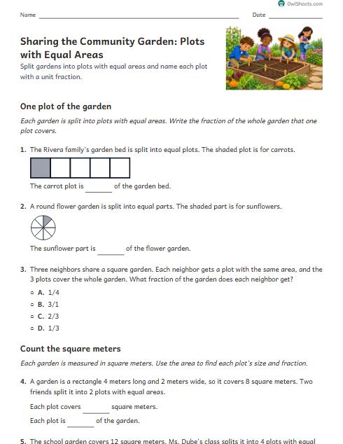 Sharing the Community Garden: Plots with Equal Areas worksheet preview