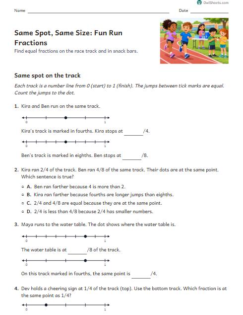 Same Spot, Same Size: Fun Run Fractions worksheet preview