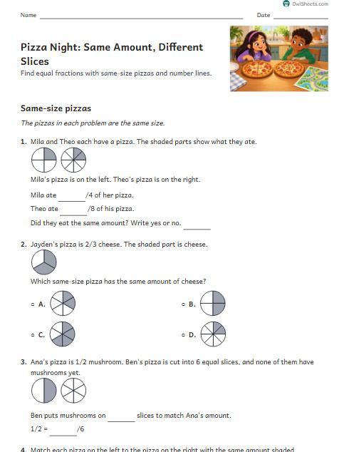Pizza Night: Same Amount, Different Slices worksheet preview